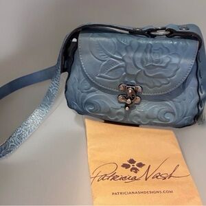 Patricia Nash Light Blue Embossed Leather Floral Crossbody Bag
